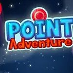 파란색과 빨간색 원형 오브젝트가 있는 우주 배경에 POINT Adventure라는 텍스트가 중앙에 배치되어 있습니다