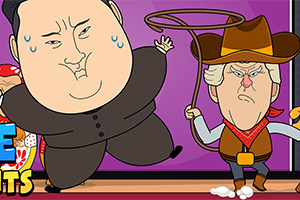 캐릭터 두 명이 한 명은 정장을 입고 땀을 흘리며, 다른 한 명은 카우보이 복장을 하고 채찍을 들고 있는 만화 스타일의 이미지