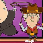 캐릭터 두 명이 한 명은 정장을 입고 땀을 흘리며, 다른 한 명은 카우보이 복장을 하고 채찍을 들고 있는 만화 스타일의 이미지