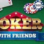 녹색 배경 위에 카드, 칩, POKER WITH FRIENDS 텍스트가 있는 이미지