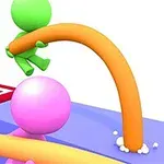 녹색과 분홍색의 캐릭터가 오렌지색 막대를 오르는 모습