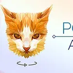 다각형 스타일로 표현된 고양이 얼굴과 POLY ART라는 텍스트