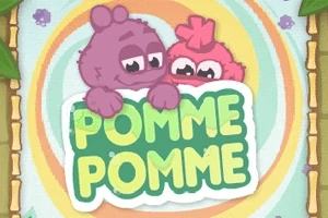 두 마리의 귀여운 캐릭터가 POMME POMME라는 문구를 잡고 있는 장면