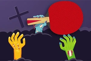 탁구채를 잡고 있는 파란색 손과 황색, 녹색의 손들이 배경에 묘비가 있는 장면