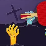 탁구채를 잡고 있는 파란색 손과 황색, 녹색의 손들이 배경에 묘비가 있는 장면