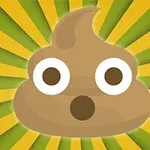 갈색 응가 모양에 눈과 입이 그려져 있으며, 배경은 노란색과 녹색의 방사형 줄무늬로 되어있다