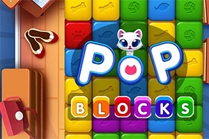 알록달록한 블록 위에 귀여운 고양이 얼굴과 POP BLOCKS라는 텍스트가 있습니다