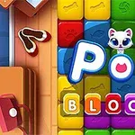 알록달록한 블록 위에 귀여운 고양이 얼굴과 POP BLOCKS라는 텍스트가 있습니다