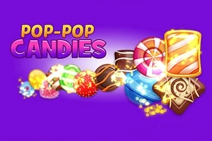 보라색 배경 위에 다양한 색상과 모양의 사탕들이 배열되어 있고, 왼쪽 상단에 POP-POP CANDIES 텍스트가 있다
