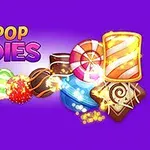 보라색 배경 위에 다양한 색상과 모양의 사탕들이 배열되어 있고, 왼쪽 상단에 POP-POP CANDIES 텍스트가 있다
