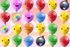 다양한 색상의 얼굴이 그려진 풍선들이 하늘을 배경으로 배열되어 있습니다