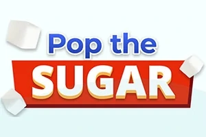 빨간색 배너에 파란색과 흰색으로 Pop the Sugar라는 텍스트가 쓰여 있고 설탕 조각들이 주변에 있는 이미지