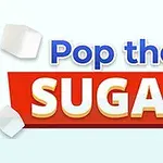 빨간색 배너에 파란색과 흰색으로 Pop the Sugar라는 텍스트가 쓰여 있고 설탕 조각들이 주변에 있는 이미지