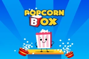 팝콘 상자가 웃고 있는 이미지, POPCORN BOX 텍스트와 파란색 배경의 콘텐츠