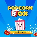 팝콘 상자가 웃고 있는 이미지, POPCORN BOX 텍스트와 파란색 배경의 콘텐츠