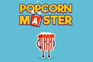 파란 배경 위에 웃고 있는 팝콘 통 일러스트와 POPCORN MASTER라는 글자가 있는 이미지