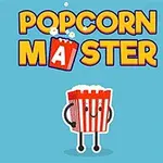 파란 배경 위에 웃고 있는 팝콘 통 일러스트와 POPCORN MASTER라는 글자가 있는 이미지