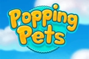 파란 하늘과 구름을 배경으로 둥글고 밝은 노란색 글자로 쓰인 Popping Pets 텍스트