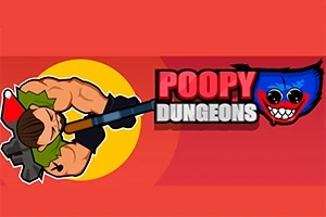 근육질의 캐릭터가 빨간 원을 배경으로 총을 들고 있는 모습과 POOPY DUNGEONS라는 텍스트가 있으며, 파란색 얼굴이 옆에 있다
