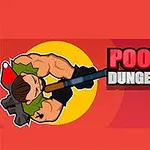 근육질의 캐릭터가 빨간 원을 배경으로 총을 들고 있는 모습과 POOPY DUNGEONS라는 텍스트가 있으며, 파란색 얼굴이 옆에 있다
