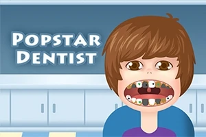 소년이 입을 벌리고 있고 뒤 배경에 Popstar Dentist라는 글자가 있는 장면