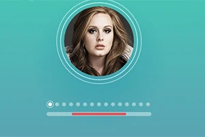 청록색 배경에 원 안에 여성의 초상화와 아래쪽 진행 막대가 있는 이미지