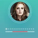 청록색 배경에 원 안에 여성의 초상화와 아래쪽 진행 막대가 있는 이미지