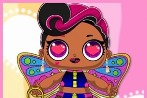 큰 눈에 하트 모양이 있고 화려한 나비 날개를 가진 캐릭터가 있는 이미지