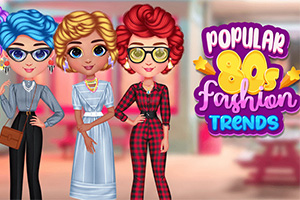 세 명의 패셔너블한 캐릭터가 80년대 스타일로 옷을 입고 있으며, 오른쪽에는 Popular 80s Fashion Trends라는 글자가 있습니다