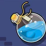 파란 벽을 배경으로 코르크 마개로 닫힌 파란색 액체가 든 둥근 병