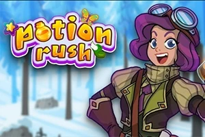 보라색 머리를 한 웃고 있는 캐릭터가 눈 덮인 숲 배경 앞에 서 있는 이미지