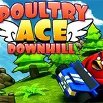 붉은 새가 파란 자동차를 운전하며 언덕을 내려가는 모습과 함께 만화 스타일의 글자가 있는 장면