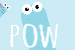 파란색 배경에 큰 눈을 가진 파란 캐릭터와 POW라는 텍스트가 있음