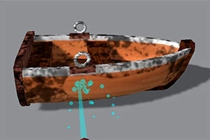 갈색 나무 보트가 회색 배경에 놓여 있으며, 물줄기가 보트 쪽으로 향하고 있다