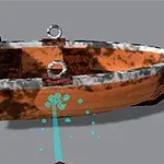 갈색 나무 보트가 회색 배경에 놓여 있으며, 물줄기가 보트 쪽으로 향하고 있다