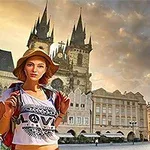 광장에 서 있는 모자를 쓴 여행자와 고딕 양식의 성당이 있는 도시 풍경