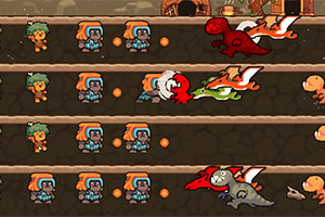 광부와 공룡이 서로 대치 중인 다섯 줄의 게임 화면