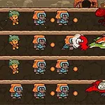 광부와 공룡이 서로 대치 중인 다섯 줄의 게임 화면