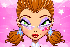 만화 스타일의 여성이 핑크 배경 앞에서 선글라스를 쓰고 화려한 메이크업을 한 모습