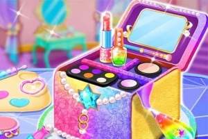 화려하고 반짝이는 보석 장식의 메이크업 박스와 다양한 화장품이 보여진다