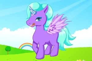 보라색과 창문색의 갈기 및 날개를 가진 유니콘이 초원에 서 있는 모습