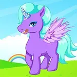 보라색과 창문색의 갈기 및 날개를 가진 유니콘이 초원에 서 있는 모습