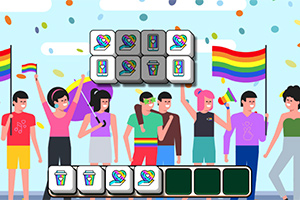 무지개 깃발을 든 사람들이 행진하는 모습과 퍼즐 조각들이 있는 이미지