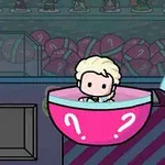 분홍색 물음표가 있는 캡슐 안에 작은 캐릭터가 담겨 있는 장면