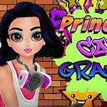 어두운 머리의 소녀가 방독면을 착용하고 벽에 칠해진 화려한 그래피티 앞에 서 있다