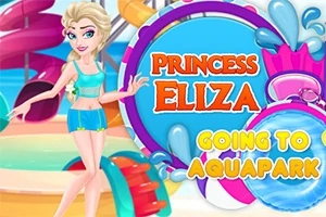 애니메이션 캐릭터가 물놀이 공원 배경 앞에 서 있으며 PRINCESS ELIZA와 GOING TO AQUAPARK라는 텍스트가 표시되어 있습니다
