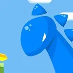 녹색 머리를 한 캐릭터가 노란색 검을 들고 파란 공룡과 대치하고 있는 모습