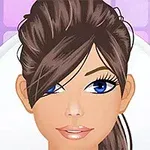 머리를 올린 갈색 머리에 파란 눈을 가진 만화 스타일의 여성 얼굴