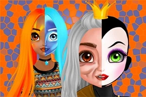 오렌지, 파랑, 은색 머리와 다양한 패턴의 옷을 입은 두 명의 여성이 반으로 나뉜 얼굴로 합쳐진 모습