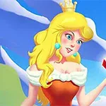 금발의 왕관을 쓴 여성이 빨간 보석을 들고 있는 모습